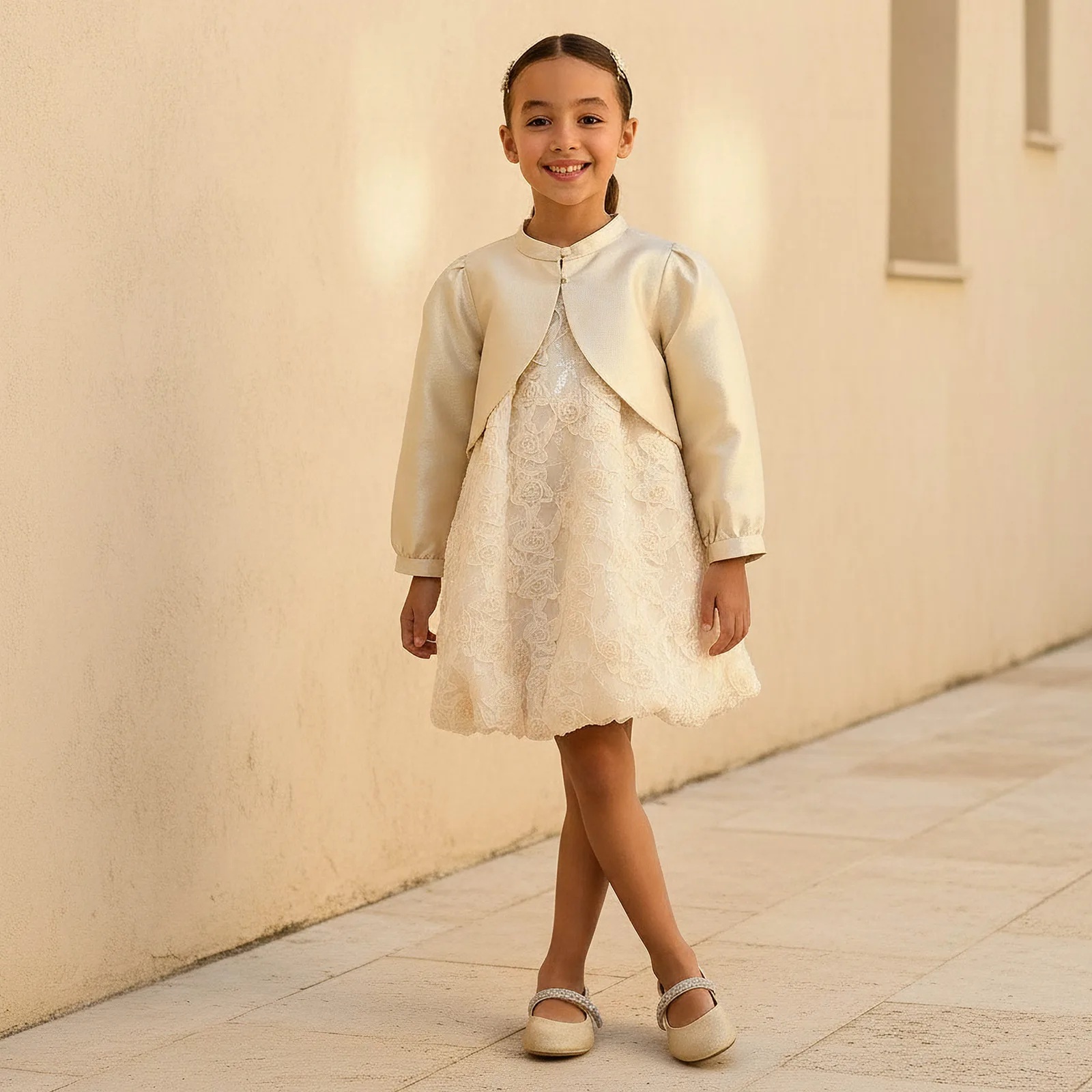 Juniors Round Neck Dress and Bolero Set with Floral Lace Texture