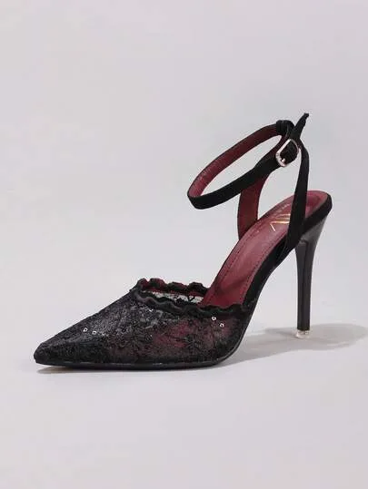 أحذية كعب عالي مطرزة بالدانتيل عصرية، أحذية سهرة ذات كعب عالي جدًا وأصبع قدم مدبب جذاب، صنادل كعب رفيع باللون الأسود للنساء، كعب بوردوني