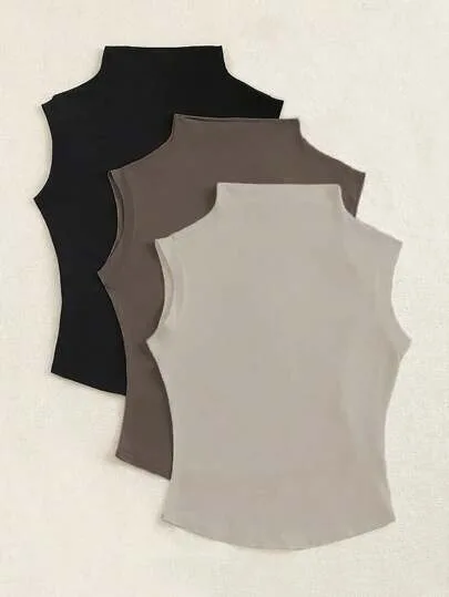 Sweetra 3 حبات ملابس علوية قطنية صلبة رقبة مضلعة مناسبة لفصل الصيف